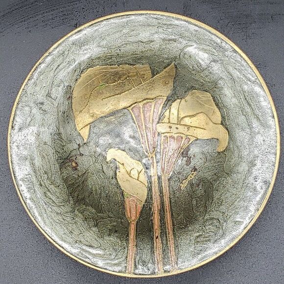 Rosenthal Netter Vintage 1970s Enameled Lily Flowers Brass 5.5" Pedestal Bowl - Picture 11 of 12